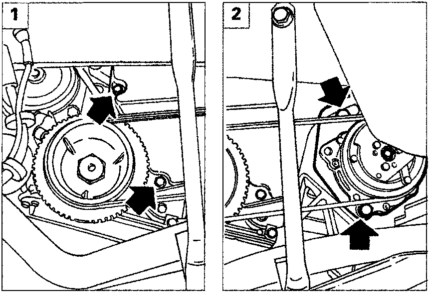 View via the wheel arch showing the timing belt gear (1) and air conditioning compressor with arrows indicating bolts