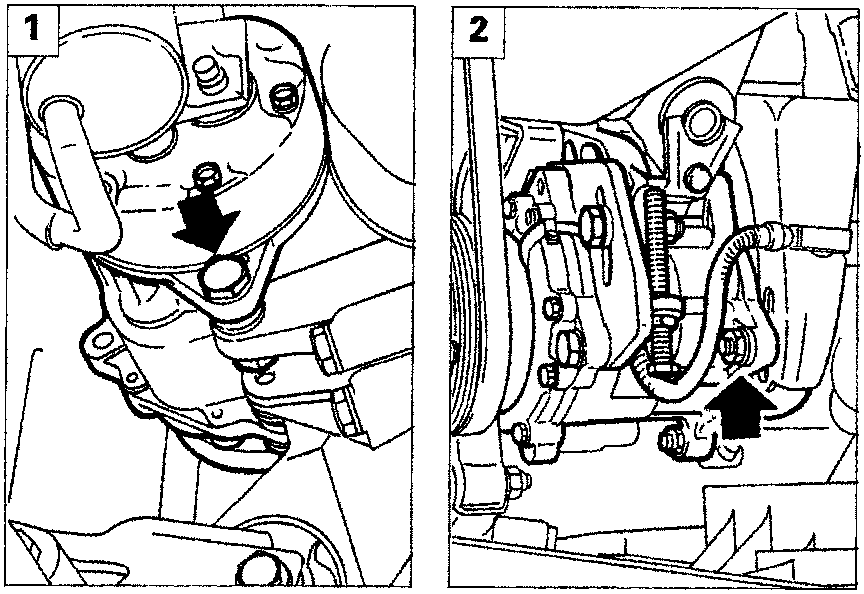 Two diagrams showing the air conditioning compressor with arrows pointing to the rear and upper fixing bolts.