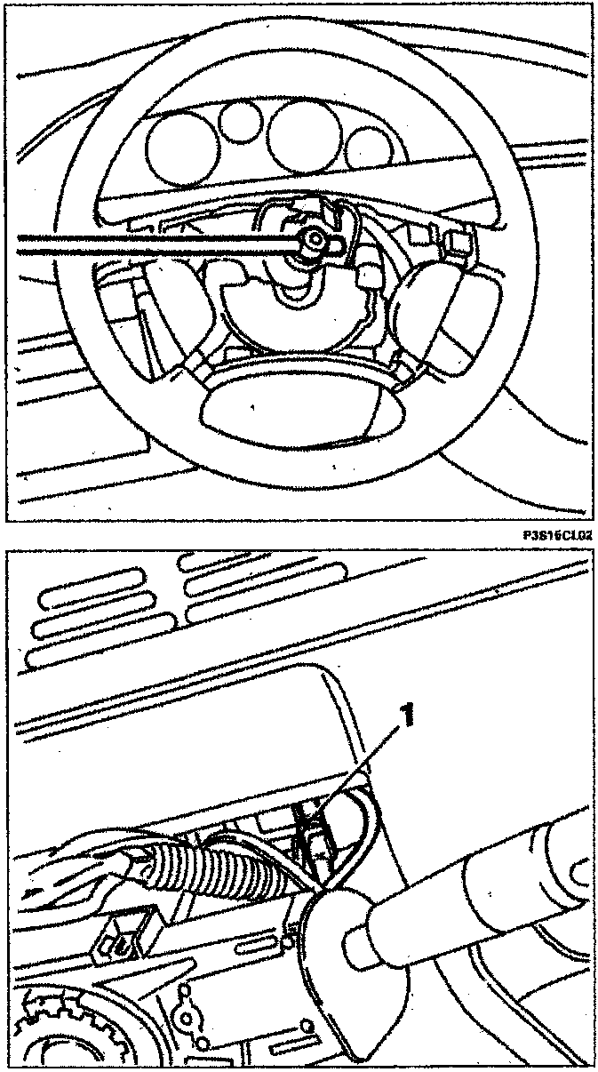 View of a steering wheel with internal components exposed behind the central hub