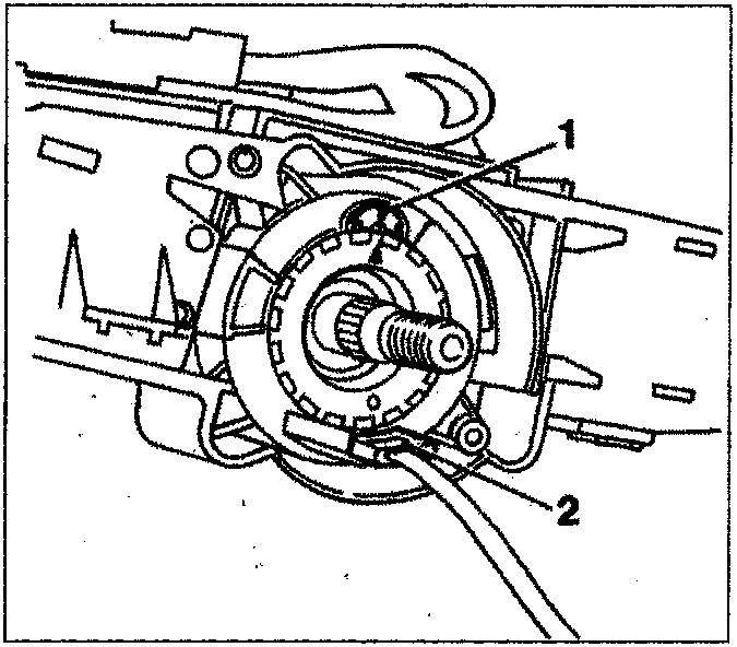 Diagram of the clockspring with alignment marks labeled 1 and spring lock labeled 2