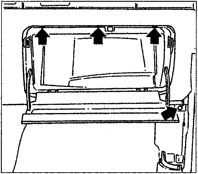 Diagram showing the glove compartment area with arrows indicating screw locations and a hand removing a panel component