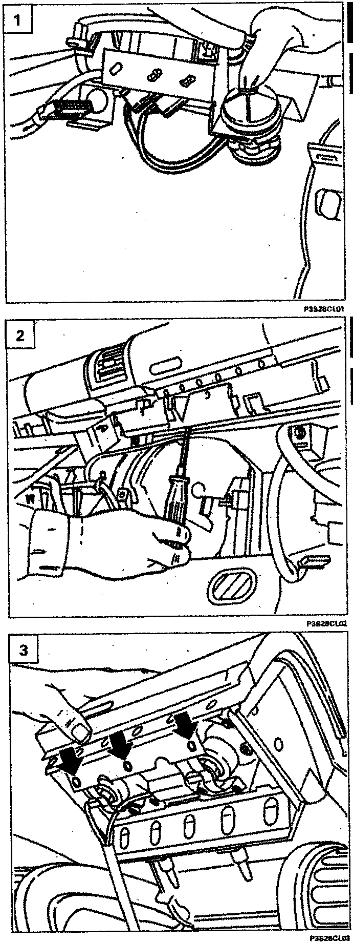 Diagram showing a hand disconnecting an electrical connector from the steering column area (P3S28CL01)