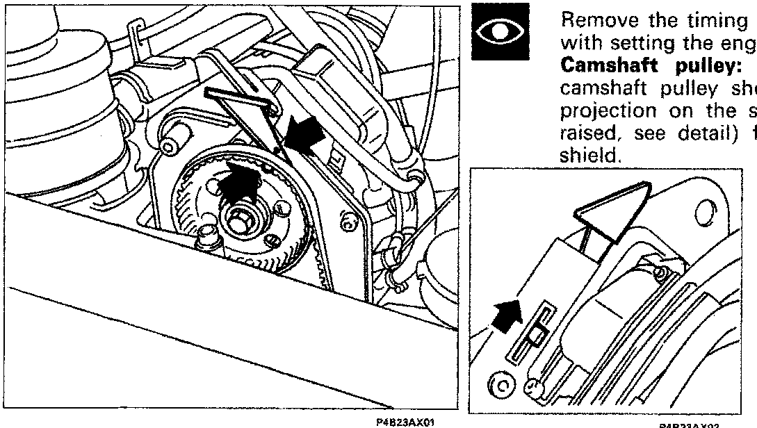 Diagram showing the timing belt area with a close-up detail of the camshaft pulley reference mark aligned with the sliding cam projection.