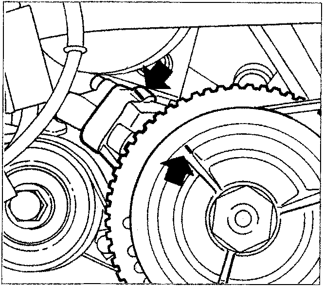 Close-up diagram of the alternator drive pulley showing the reference mark aligned with the projection on the crankcase front cover.