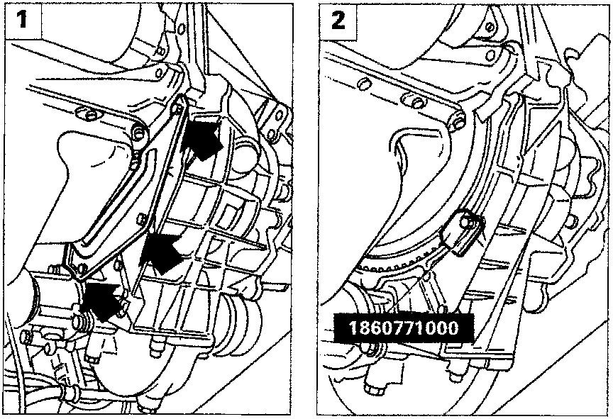 Two diagrams from the underbody view: one showing the flywheel shield fixing bolts (arrows), the other showing tool 1860771000 locking the crankshaft.
