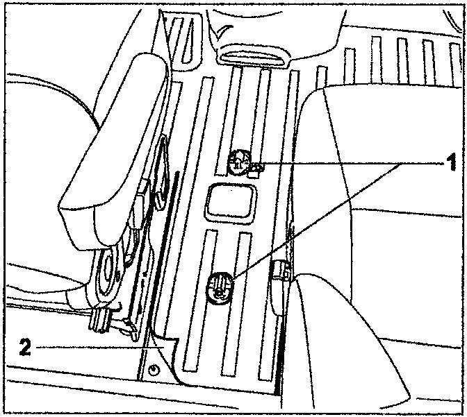 Diagram showing the retention clips (1) and the floor covering carpet (2) being removed from the vehicle floor area.