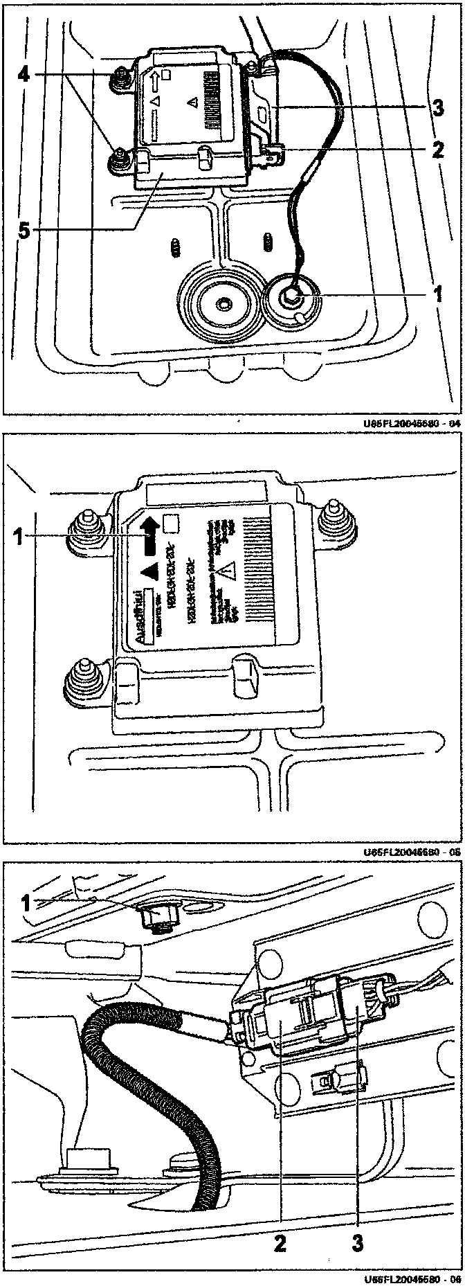 Diagram showing the removal of the Air-Bag control unit, with callouts for the earth cable connector (1), safety hook (2), connector (3), mounting nuts (4), and control unit (5).