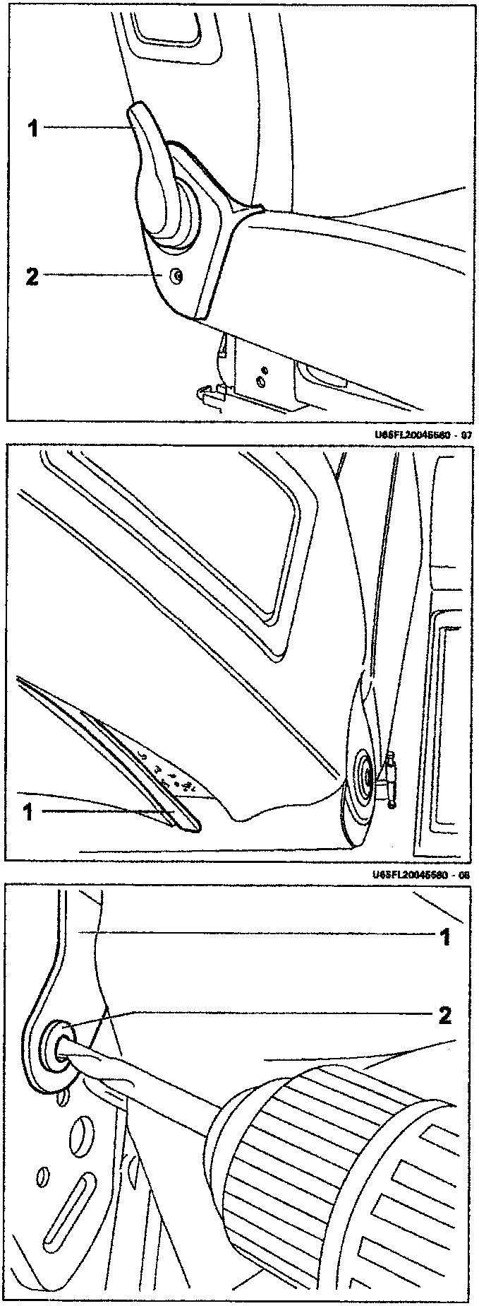 Diagram showing the seat backrest adjustment knob (1) and a screw (2) on the side of the seat.
