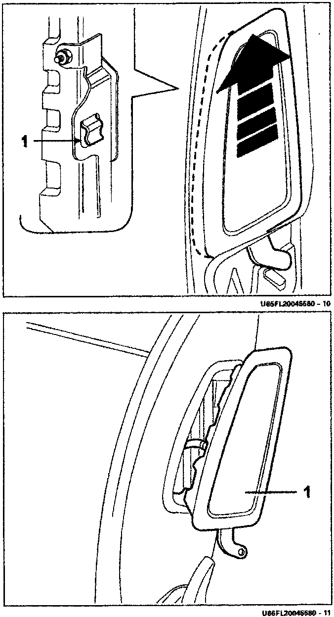 Diagram showing the removal of an Air-Bag module from a seat backrest, with callout number 1 indicating a hook mechanism.