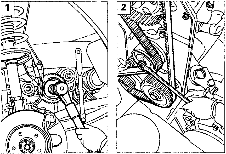 Illustrates removal of timing belt and related components