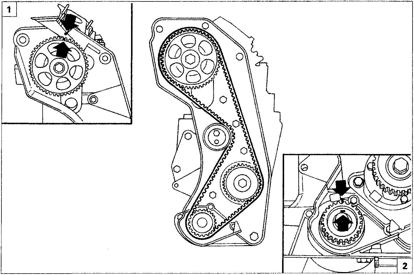Diagram showing timing alignment marks on camshaft pulley and crankshaft pinion relative to engine covers