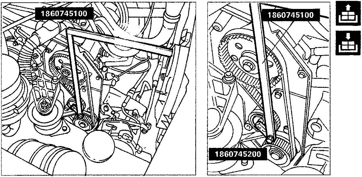 Diagram showing the installation of tool 1860745200 on tool 1860745100 to position the timing belt tensioner.