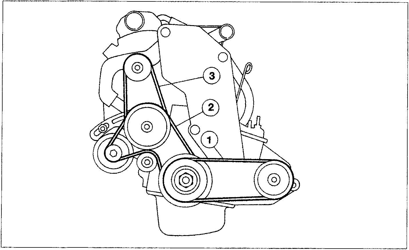 Diagram of engine auxiliary shaft drive belts showing three numbered belt paths