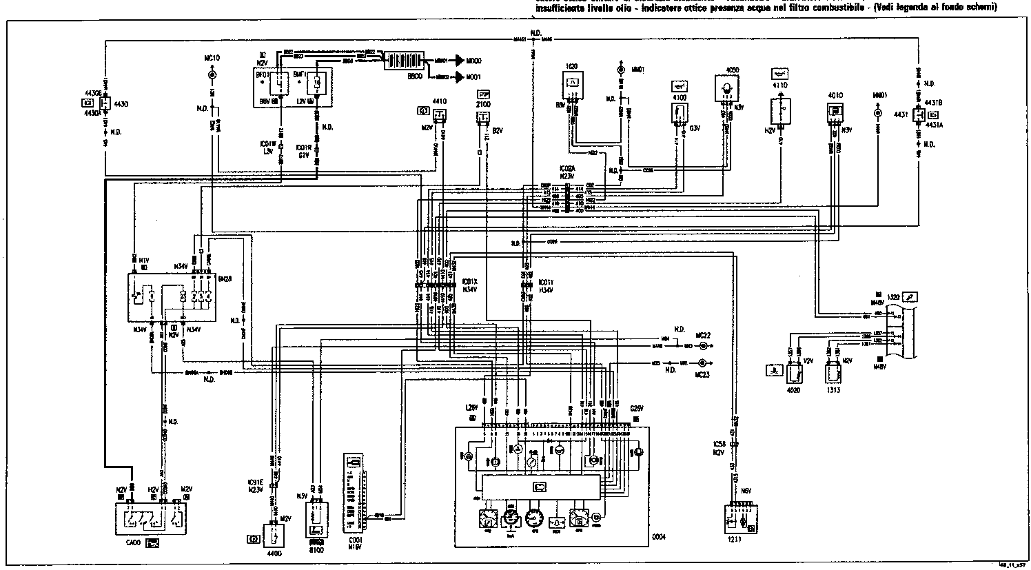 Electrical wiring schematic diagram showing various components, connectors, and wiring paths with labels such as MC10, BF01, BMF, BB00, 4410, 2100, 1020, 4100, 4050, 4110, 4010, N34Y, N34V, BK2B, IC01X, IC01Y, L29V, G26V, IC58, N2V, C400, 4400, B100, CO01, 1211, 4020, 1313, 1200, M40V, M8V. The diagram includes multiple connection points labeled N.D. and various wire colour codes.