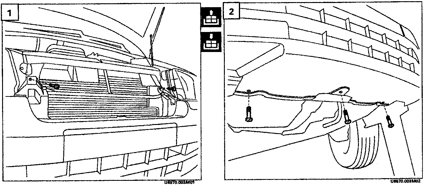Diagram showing the front of the vehicle with the bonnet open, highlighting the upper mounting area of the front bumper near the headlight and radiator support.