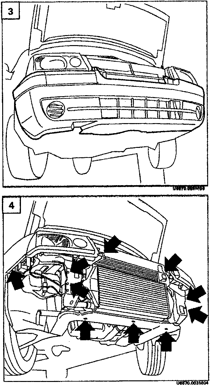Diagram showing the front view of the vehicle with the bonnet open, illustrating the removal of the front bumper assembly.