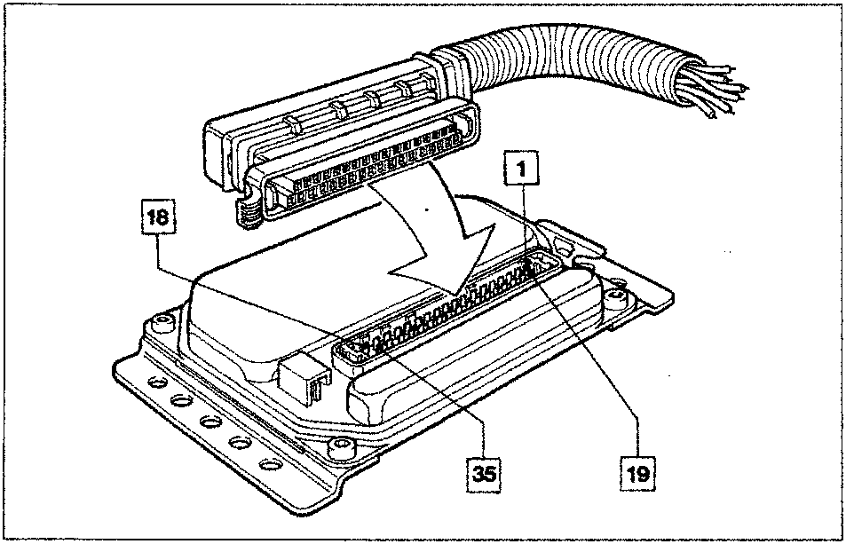 Diagram showing the Bosch Monomotronic control unit with connector pins numbered 1, 18, 19, and 35 indicated by callout lines.