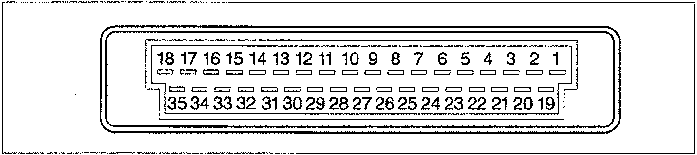 Pin-out diagram of the control unit connector showing two rows of pins numbered 1-18 (top row) and 19-35 (bottom row).