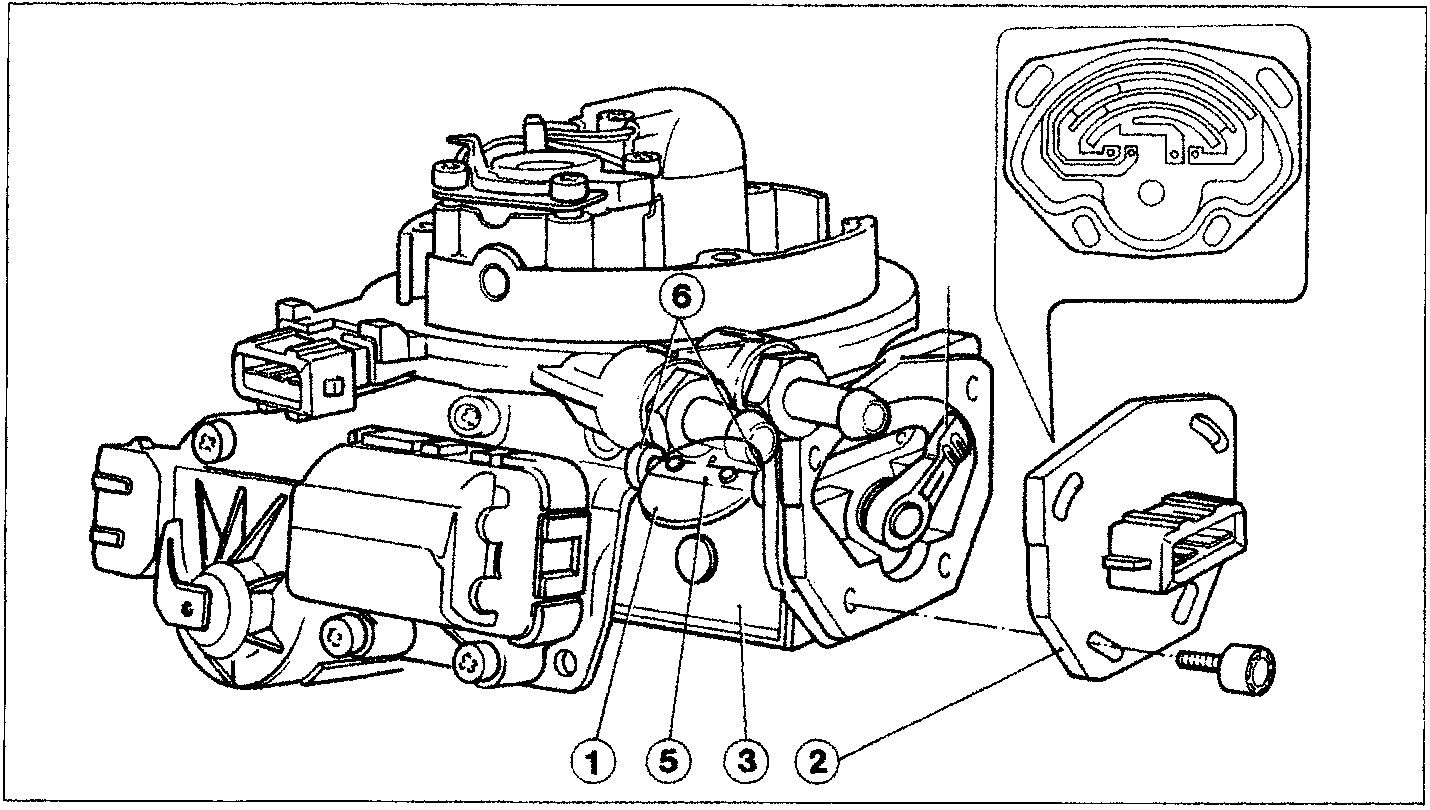 Diagram of the butterfly valve assembly showing components labeled 1, 2, 3, 5, and 6, along with an inset view of the potentiometer tracks.