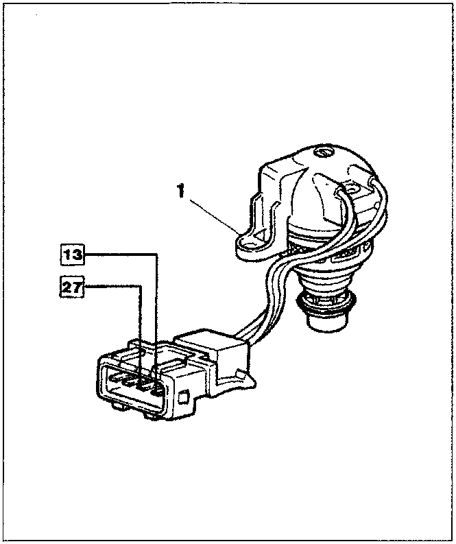Diagram of the intake air temperature sensor showing the plastic casing labeled 1 and the electrical connector with terminals 13 and 27