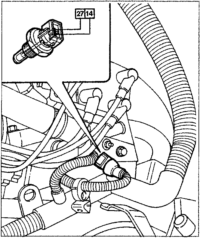 Diagram showing the coolant temperature sensor fitted on the thermostat casing with connector terminals 27 and 14