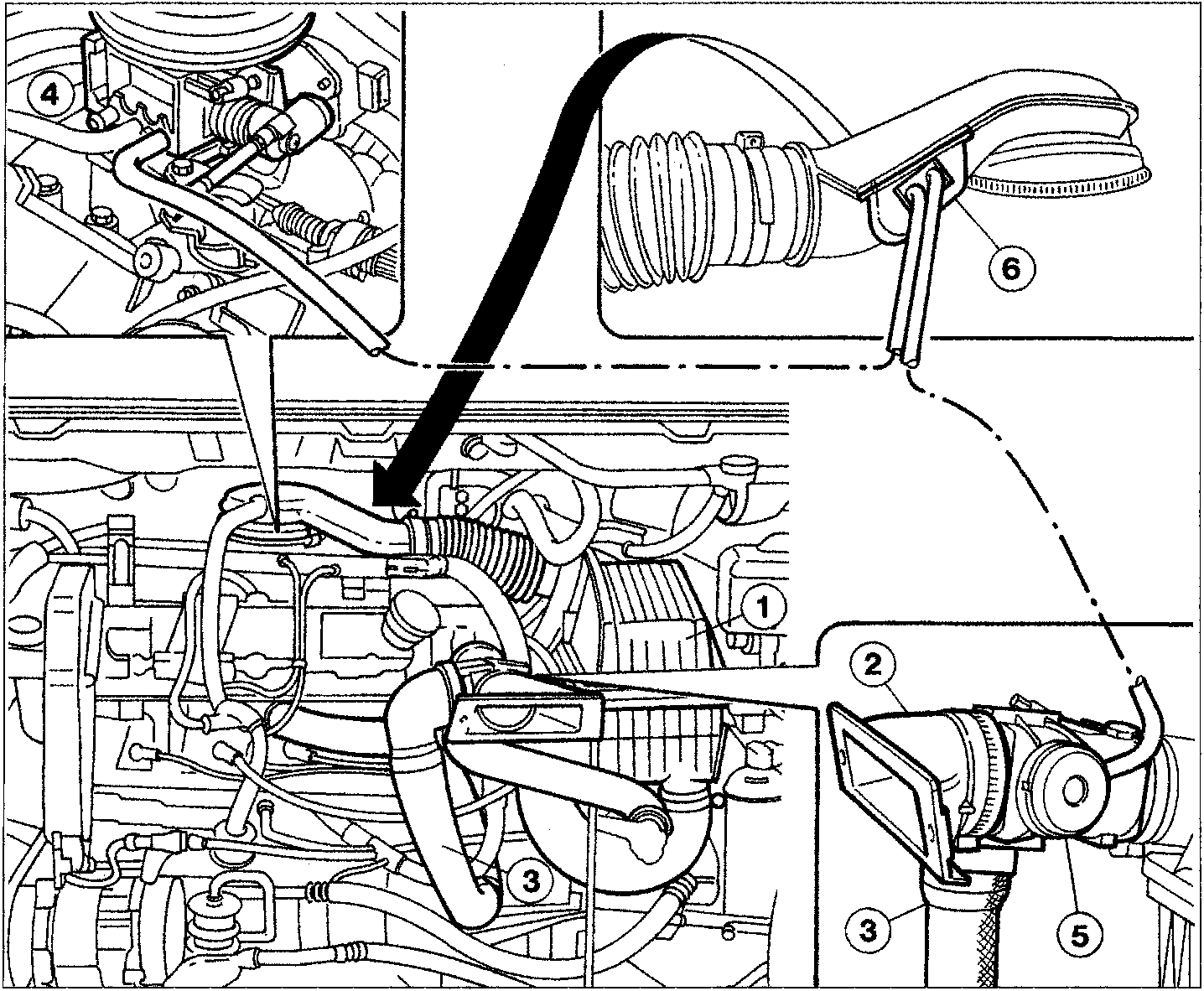 Diagram of the air intake circuit showing the air filter, butterfly casing, inlet vent, hot air hose, thermostatic valve, and thermal valve with numbered callouts 1 through 6.