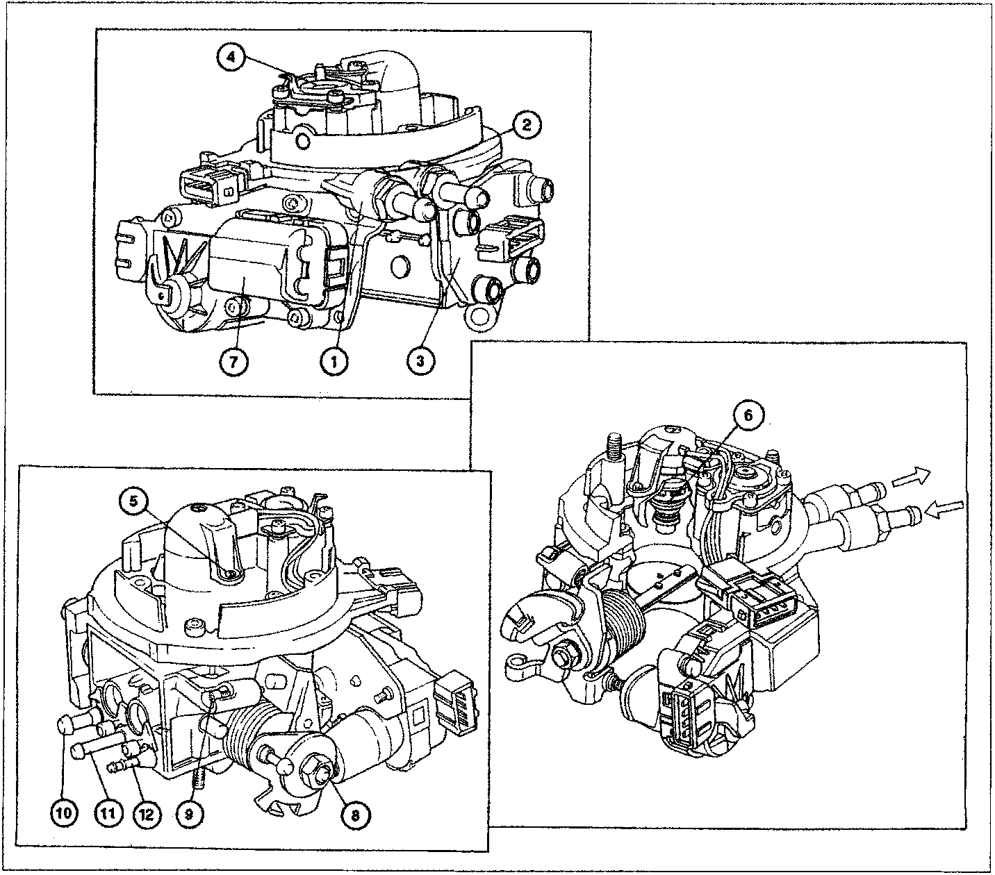 Technical diagram of the butterfly casing assembly showing numbered callouts 1 through 12 identifying various components including the fuel inlet union, fuel pressure regulator, injector, and idle speed control motor.