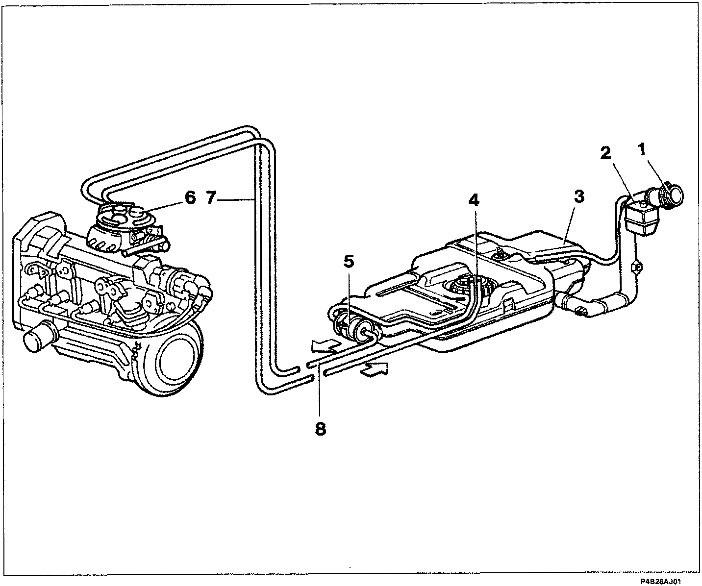 Diagram of the fuel supply circuit showing components including the fuel filler, vapour separator, tank, pump, filter, butterfly casing, and return/supply pipes