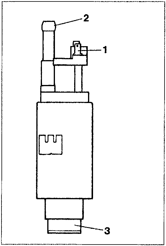 Diagram of electric fuel pump showing electrical connectors, fuel supply and fuel inlet