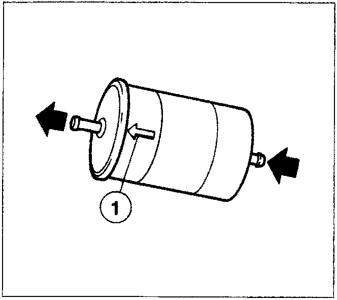 Diagram of cylindrical fuel filter showing flow direction arrow labeled 1