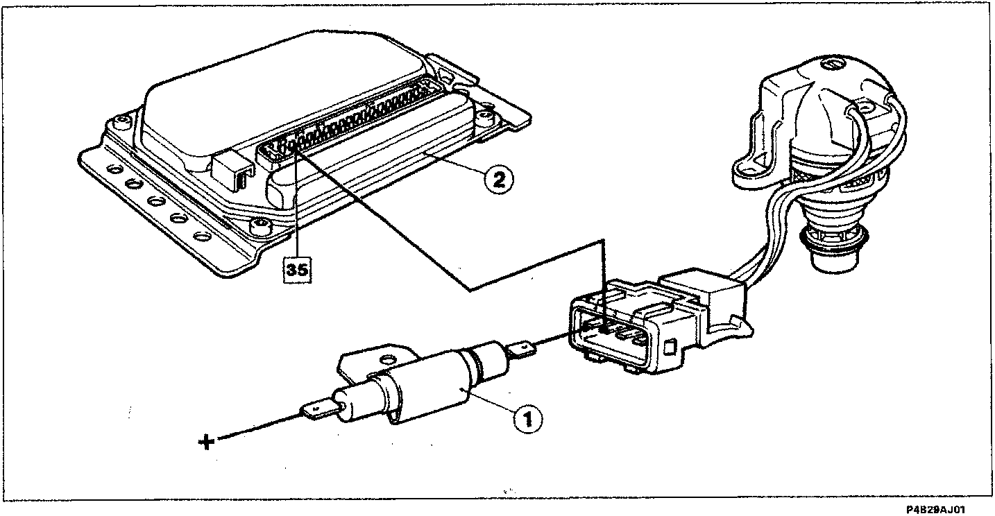 Diagram showing the control unit (2) connected to the current limiter resistor (1) and an electrical connector, with terminal 35 indicated on the control unit.