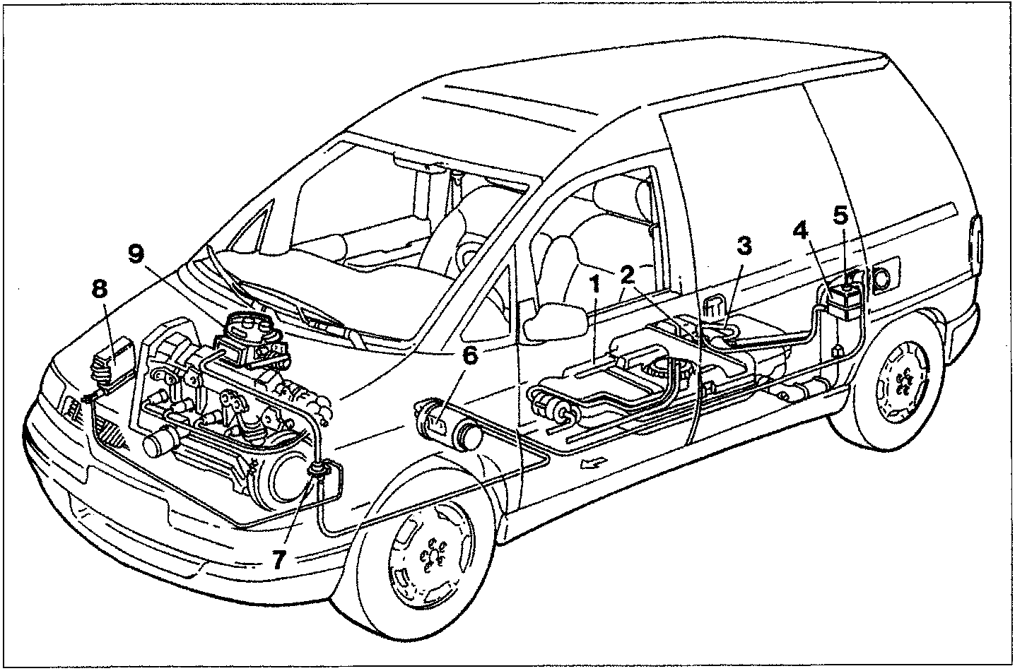 Diagram showing the location of anti-evaporation system components on the vehicle chassis, including the fuel tank, float valve, by-pass pipe, vapour separator, overturn valve, active charcoal filter, charcoal filter solenoid valve, engine control unit, and butterfly casing.