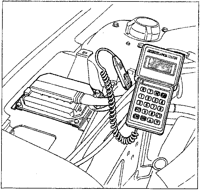Diagram showing F/L Tester device connected to vehicle components under the bonnet