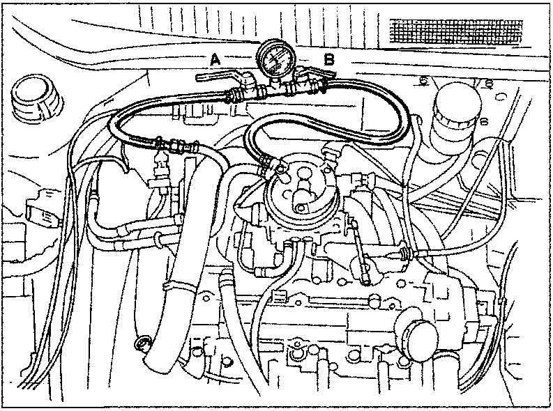 Diagram of engine fuel system components showing pressure gauge connected between points A and B, with a fuel tap lever labeled B.