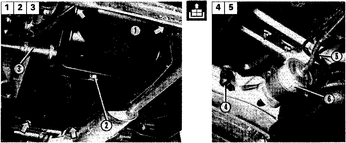 Two images showing the fuel tank area with callout numbers 1 through 6 identifying the tank, cap, hose, connector, outlet pipe, and filter.