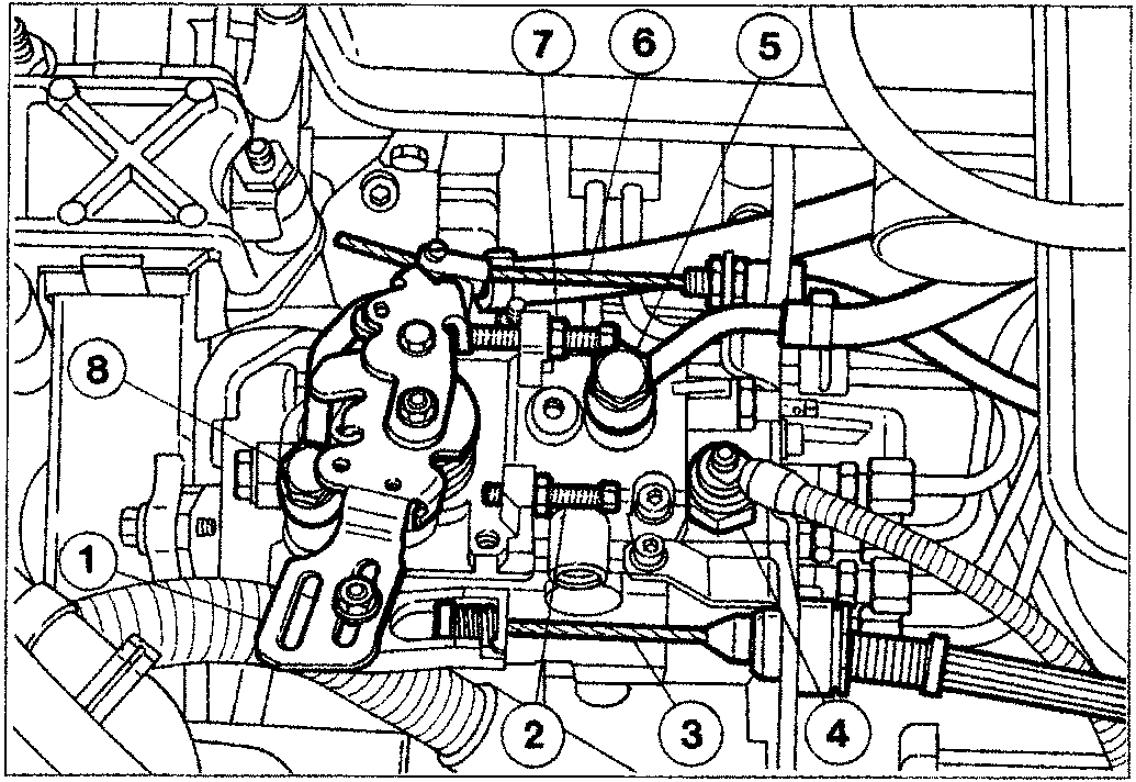 Diagram of the injection pump assembly showing numbered components including accelerator lever, adjustment screws, cables, solenoid connector, and fuel fittings.