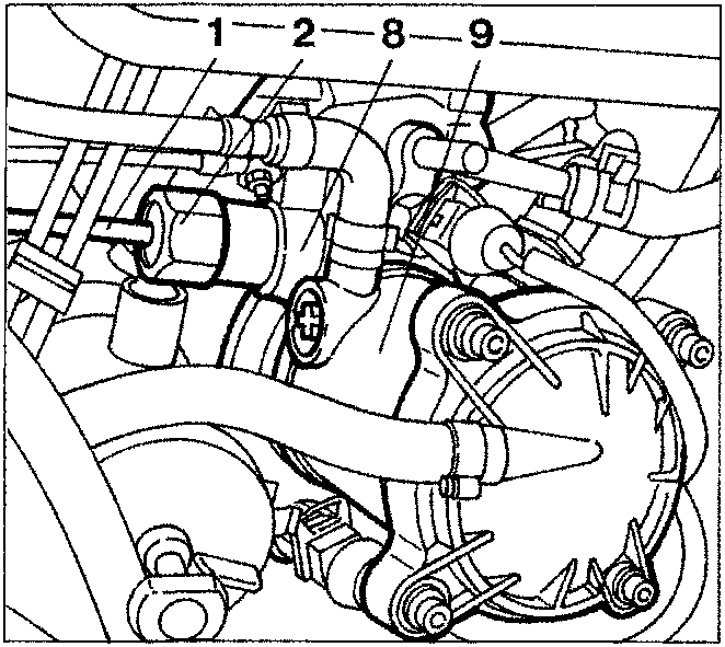 Diagram showing thermostatic sensor components on engine, labeled 1, 2, 8, 9