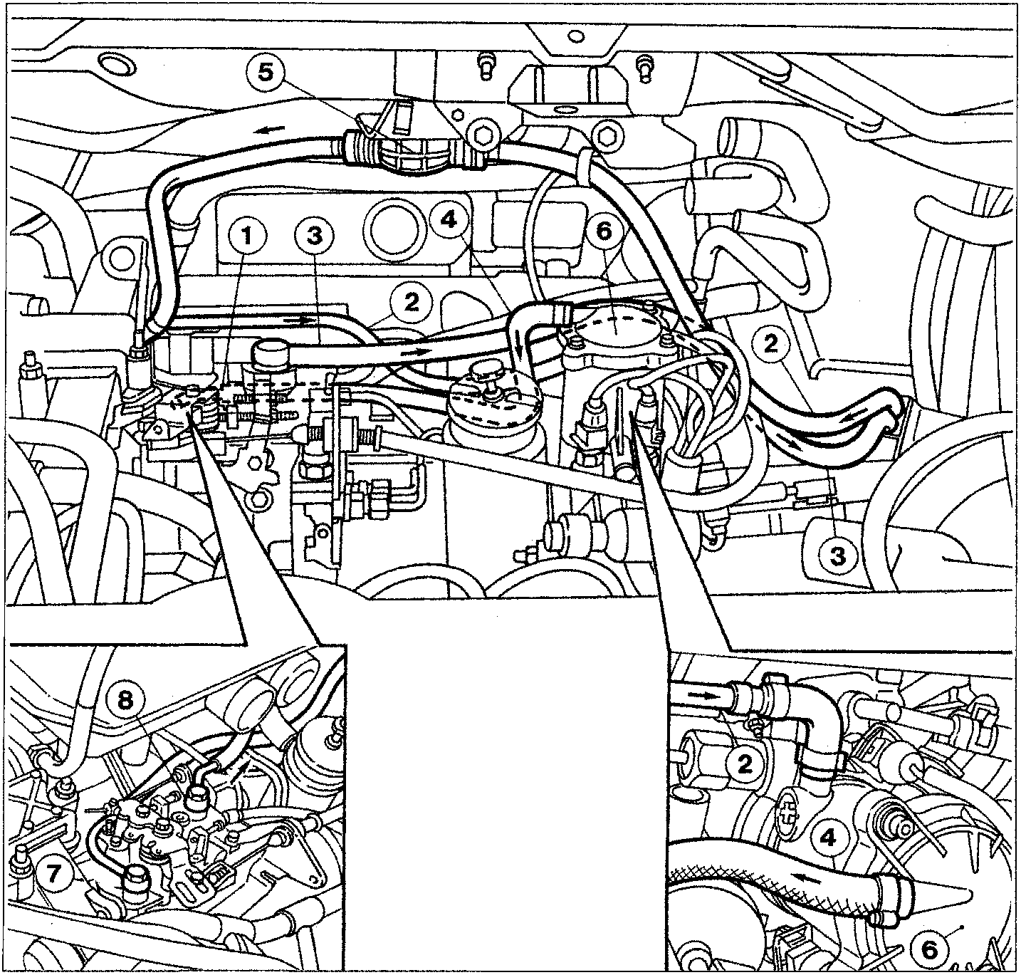 Fuel system diagram showing engine components including injection pump, fuel filter, and associated hoses with numbered callouts 1 through 8. Two inset close-up views show fittings at the bottom left and right.