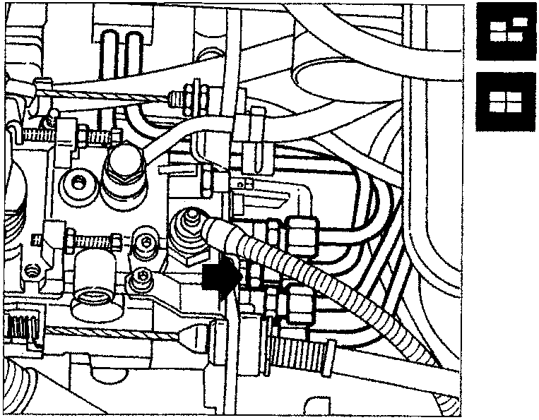 Diagram showing the location of the oil vapour separator and fuel delivery line to injectors, with an arrow pointing to a plug on a lock-nut.