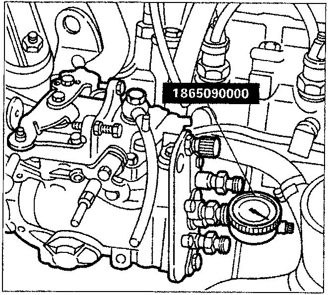 Diagram showing tool 1865090000 tightened into a threaded socket with a centesimal gauge bringing a stylus into contact with the distributor piston crown.