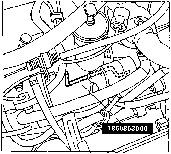 Diagram showing tool 1860863000 fitted into a hole on the engine flywheel.