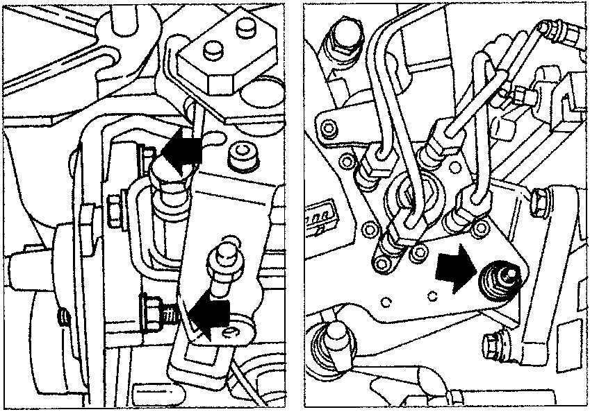 Two diagrams showing arrows pointing to front nuts and rear injection pump retaining bolt on the pump assembly
