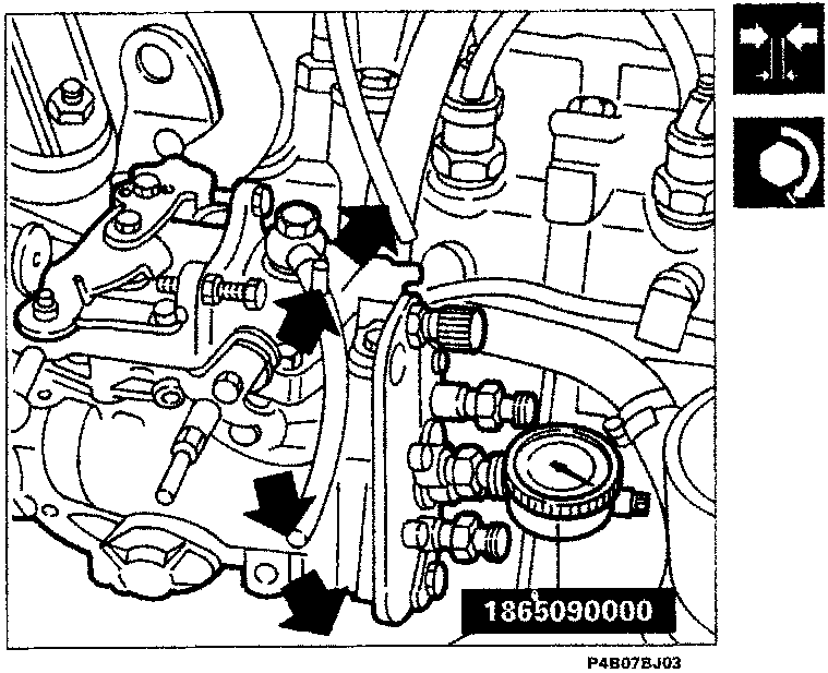 Diagram of injection pump with dial gauge attached, labeled 1865090000, with arrows indicating adjustment points