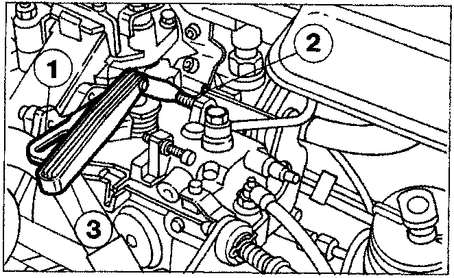 Close-up photo of accelerator lever, residual flow adjustment screw, and feeler gauge with callout numbers 1, 2, and 3