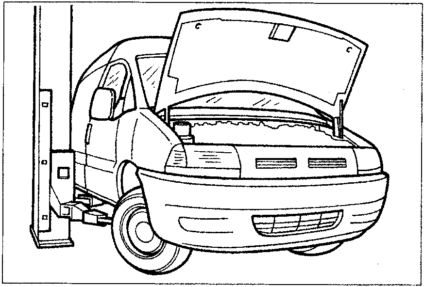 Vehicle raised on a lift with hood open