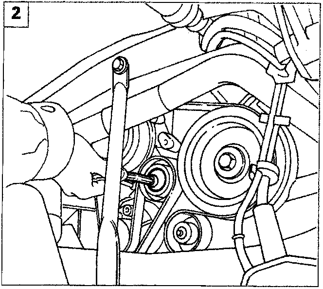 Hand using a square wrench on the upper tensioner bracket to release belt tension