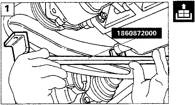 Diagram showing hands positioning engine support tool 1860872000 by inserting it into a rail.