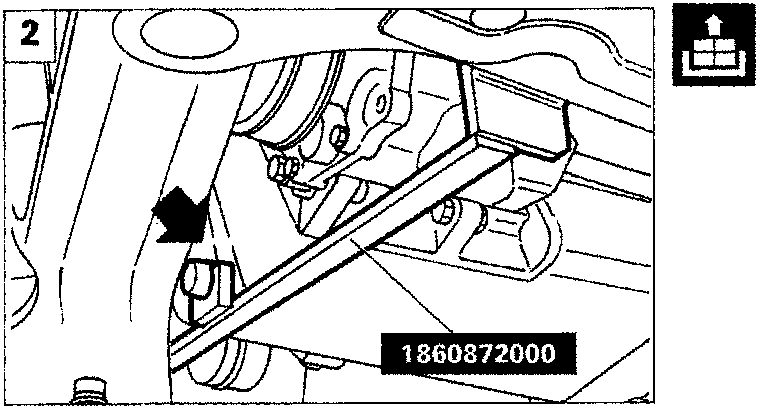 Diagram showing the engine support tool 1860872000 resting inside the beam, with a black arrow indicating the slot fitting onto the engine oil sump protrusion.