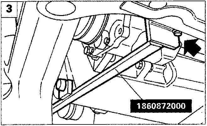 Diagram showing the engine support tool 1860872000 secured to the beam with an M6x1 bolt, indicated by a black arrow.