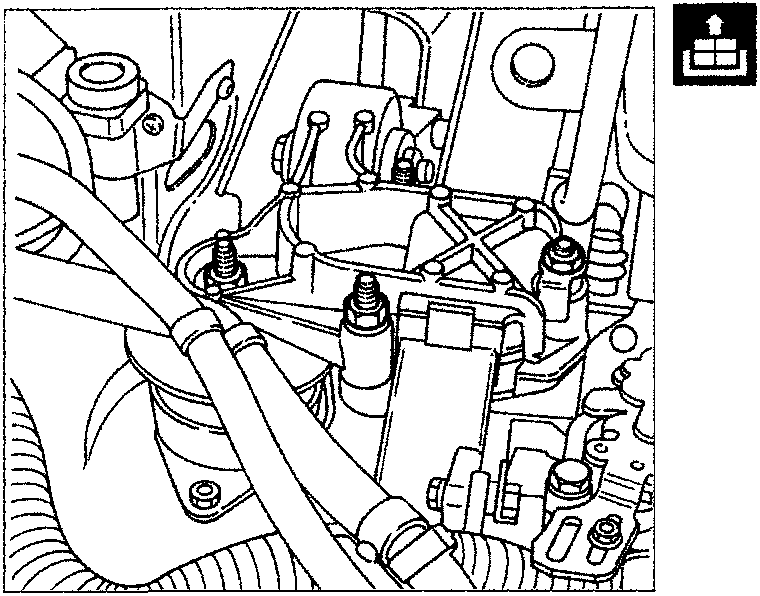 Diagram of the engine bay area showing the timing end power unit support bracket and surrounding components.